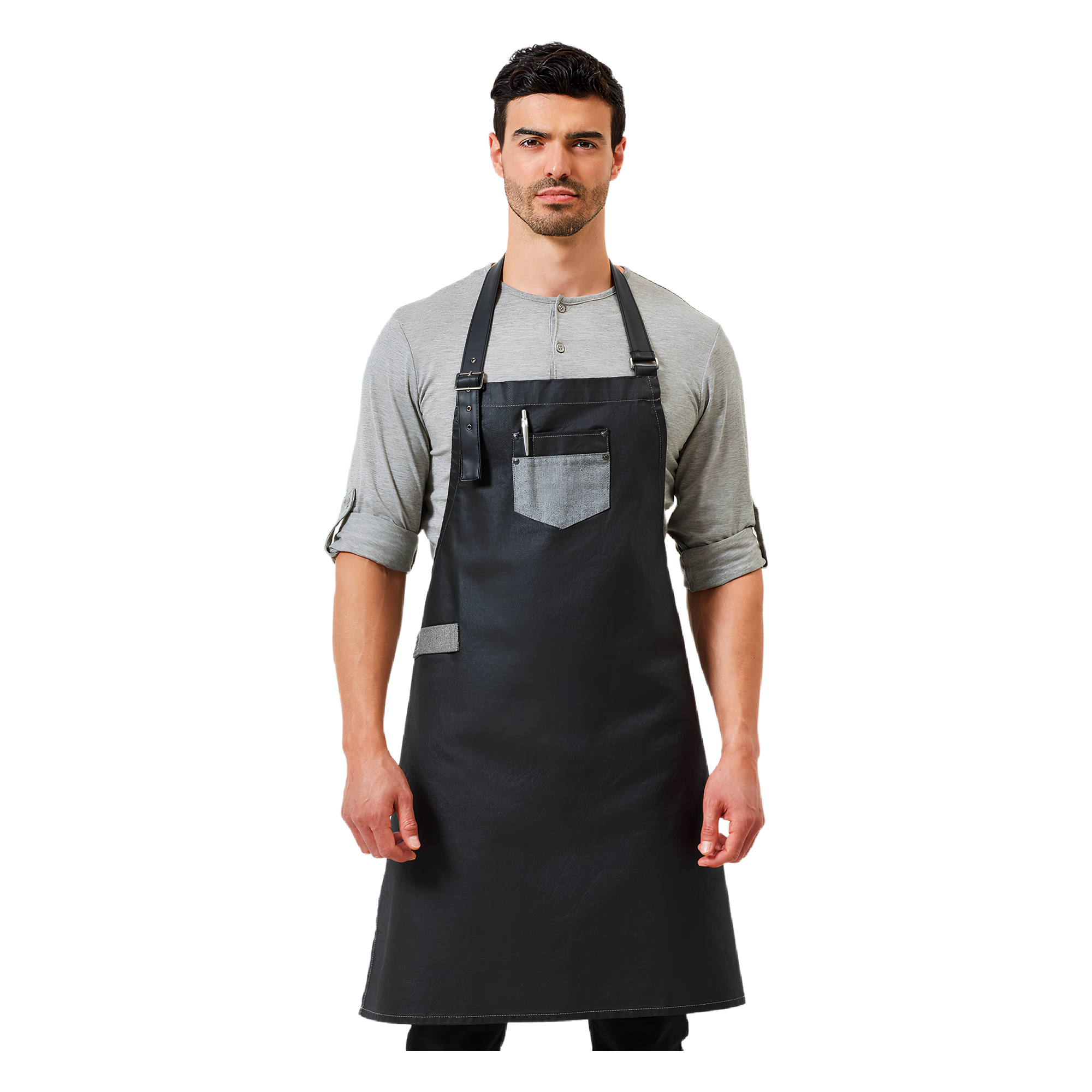 Division waxed-look denim bib apron with faux leather